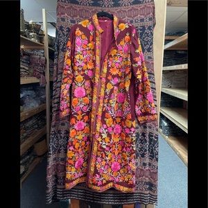Hand embroidered cashmere knee length coat